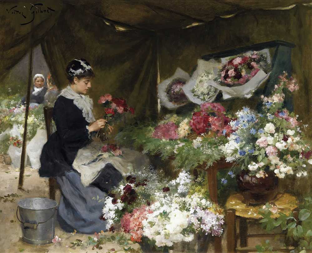 A Flower Seller Making Her Bouquets - Victor Gabriel Gilbert