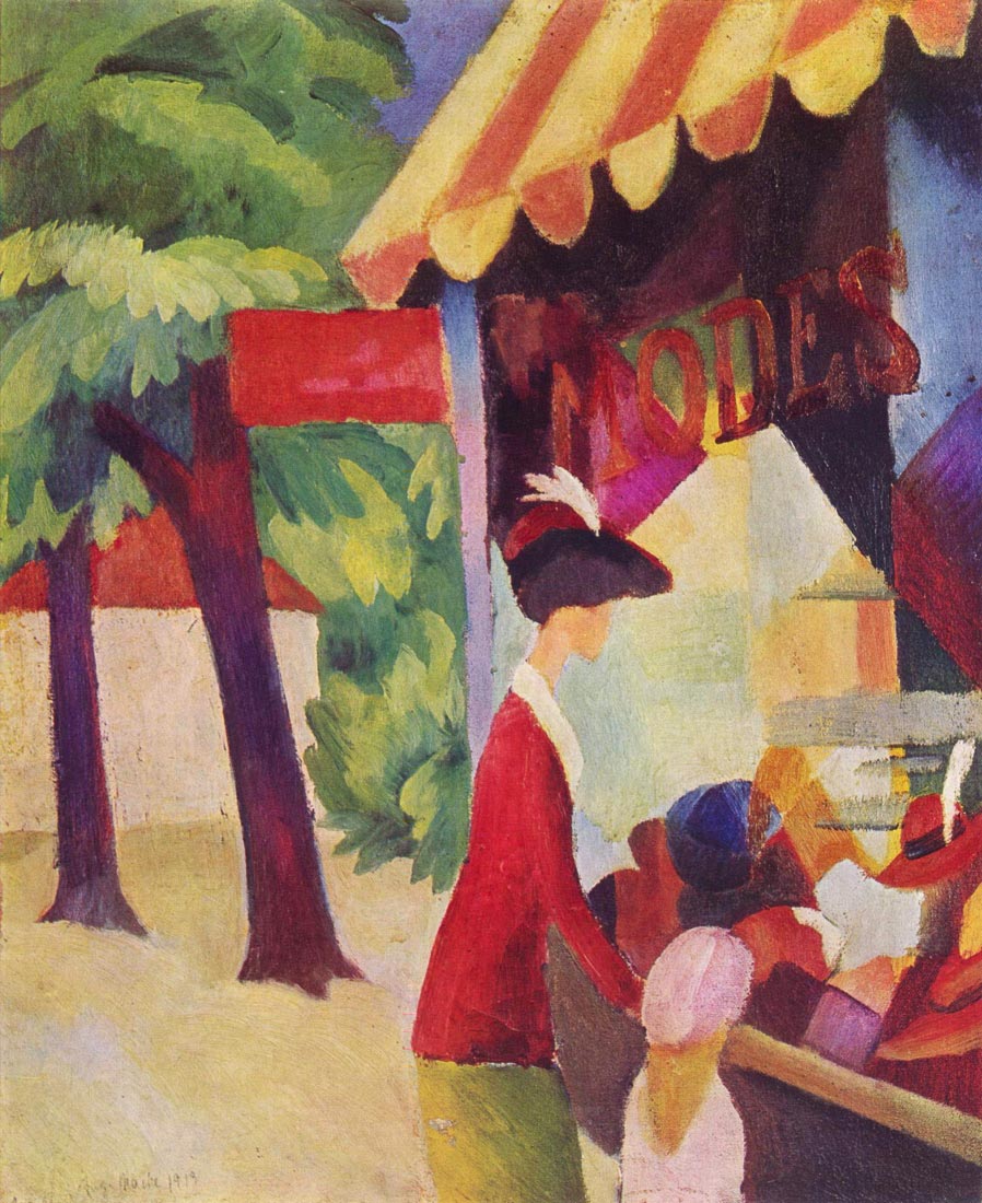 Before Hutladen (woman with a red jacket and child) - August Macke