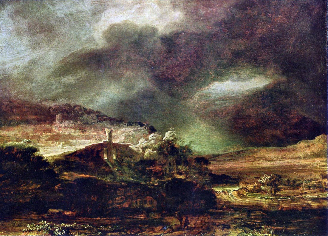 City on a hill in stormy weather - Rembrandt