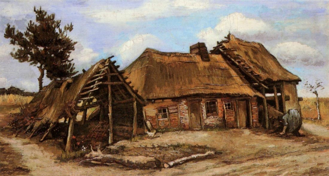 Cottage with Decrepit Barn and Stooping Woman - Van Gogh