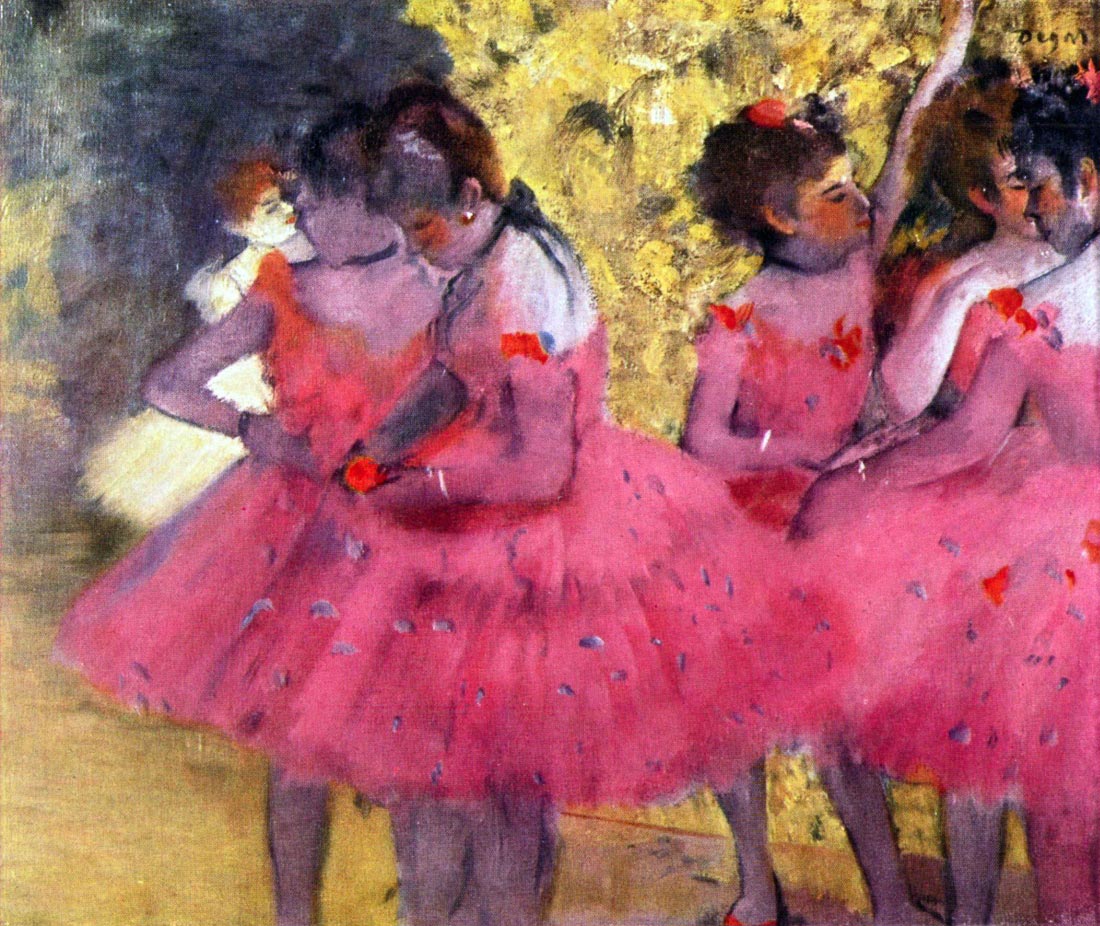 Dancers in pink between the scenes - Degas