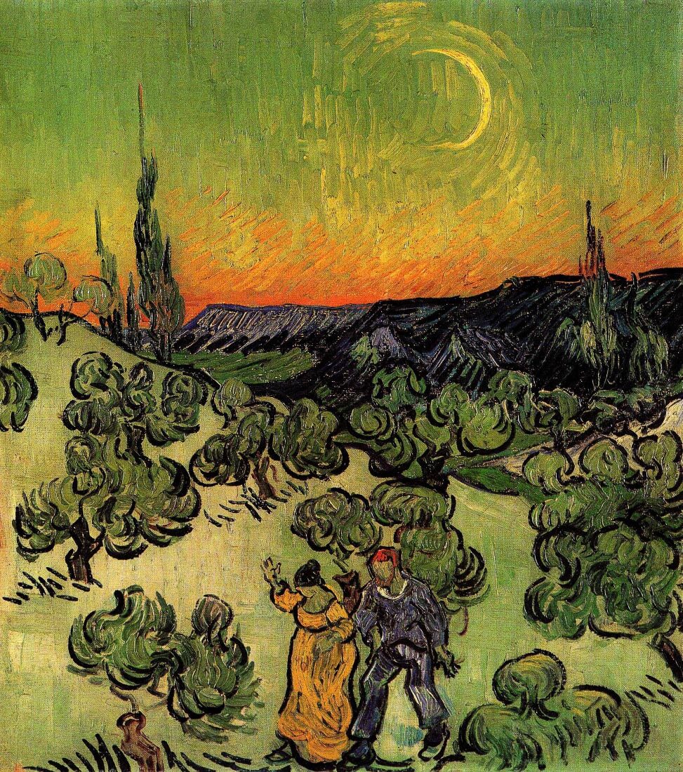 Landscape with Couple Walking and Crescent Moon - Van Gogh