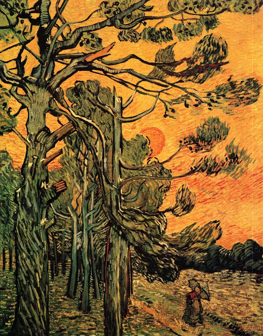 Pine Trees against a Red Sky with Setting Sun - Van Gogh