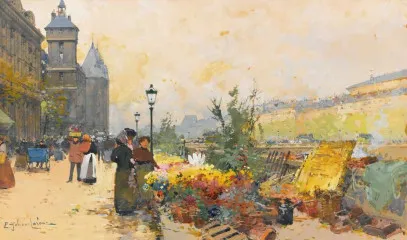 The Flower Market In La Cite - Eugene Galien-Laloue