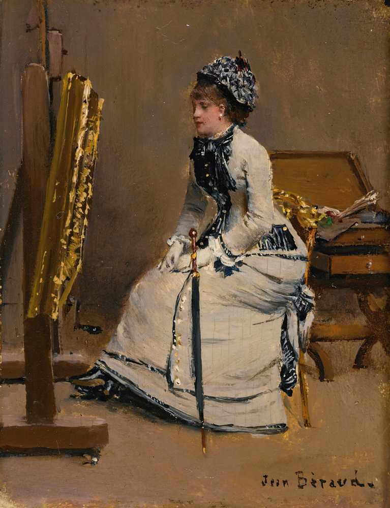 Woman Sitting In Front Of A Painting - Jean Beraud