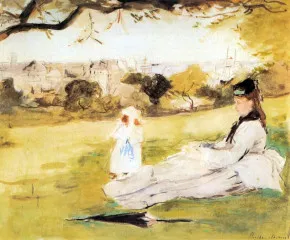 Woman and child sitting in a field - Morisot