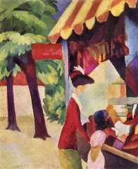 Woman with red jacket and child - August Macke