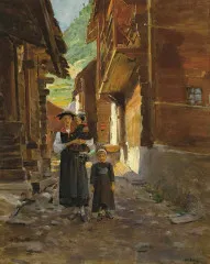 Young Woman And Children In A Mountain Landscape - Jean Beraud