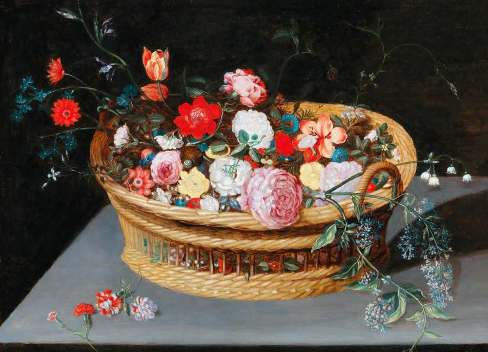 A basket with spring flowers on a stone table - Jan Brueghel Młodszy