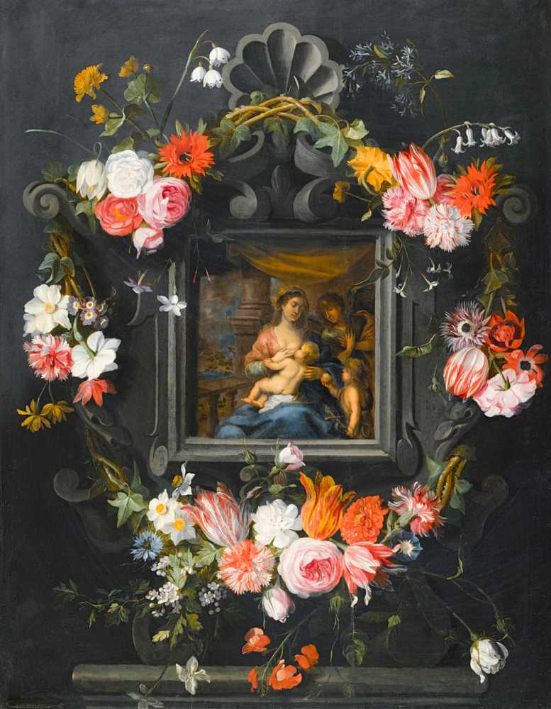 A Garland Of Flowers Surrounding The Virgin And Child - Jan Brueghel Młodszy