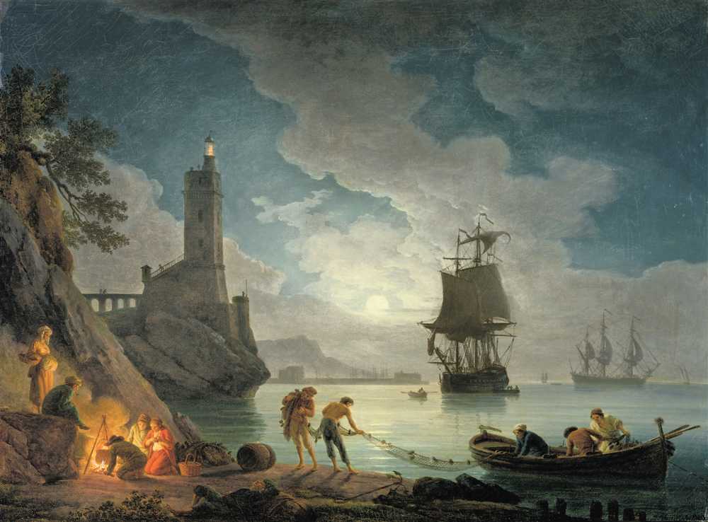 A Harbor in Moonlight (1714–1789) - Claude Joseph Vernet