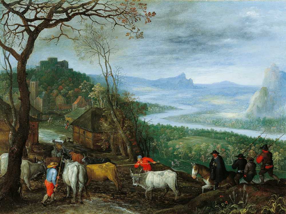 A landscape with herdsmen driving cattle to a village - Jan Brueghel Starszy