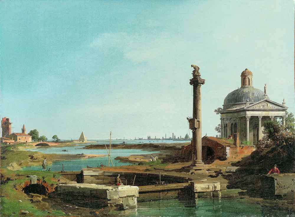 A Lock, a Column, and a Church beside a Lagoon - Canaletto - Bernardo 