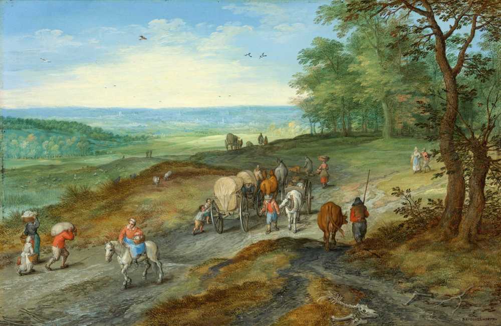 A Panoramic Landscape With A Covered Wagon And Travelers... - Brueghel Jan elder
