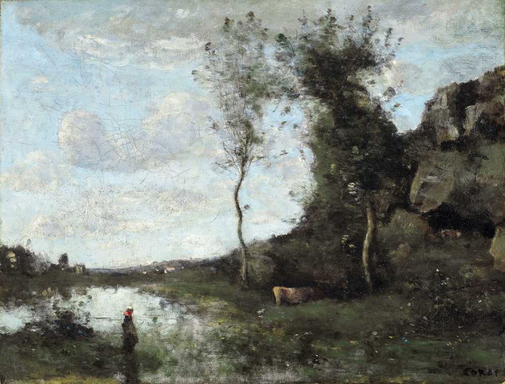 A Peasant Woman And Her Cow At The Pond With A View Of A Village (ca ... - Corot