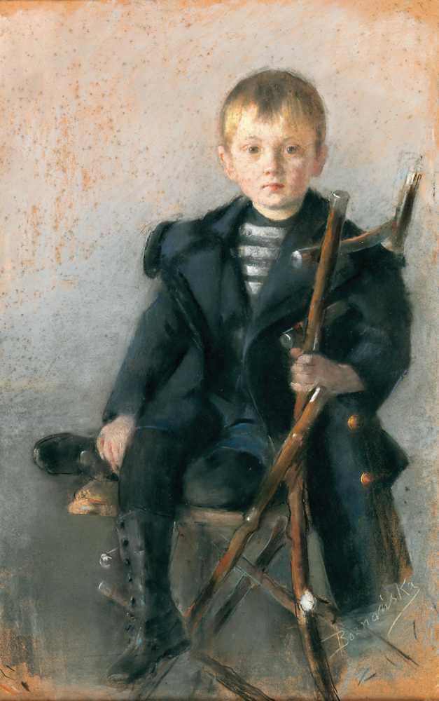 A portrait of a blond boy and black coat with gold button - Olga Boznańska
