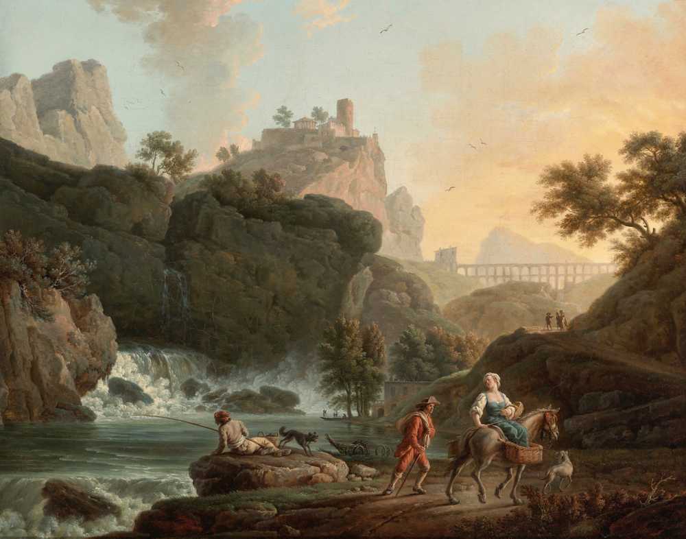 A Rocky Landscape With A fisherman And Travellers By A River With A ... - Vernet