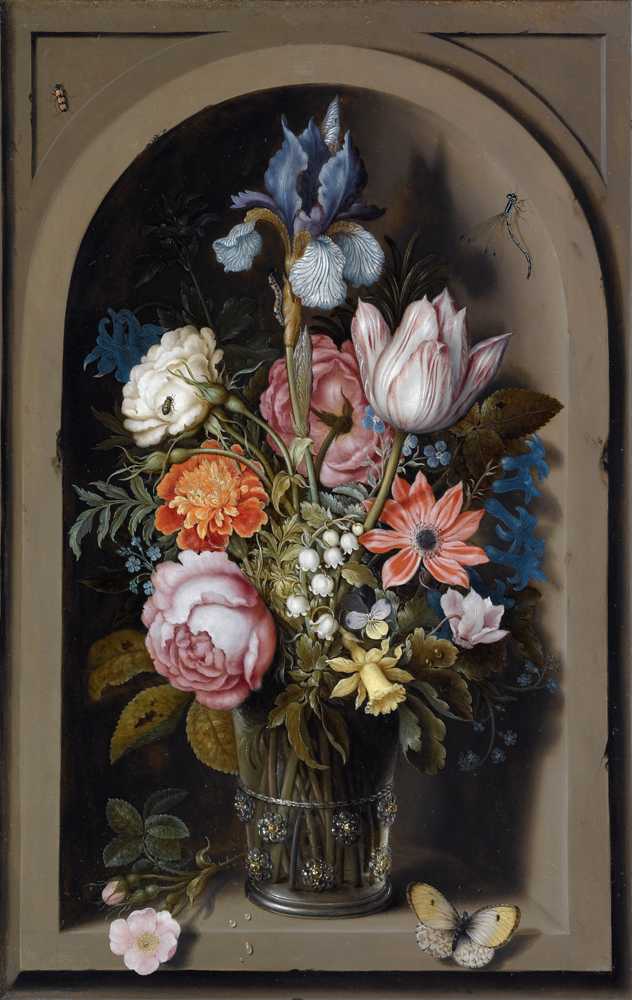 A Still Life Of Flowers In A Glass Beaker Set In A Marble Niche - Bosschaert