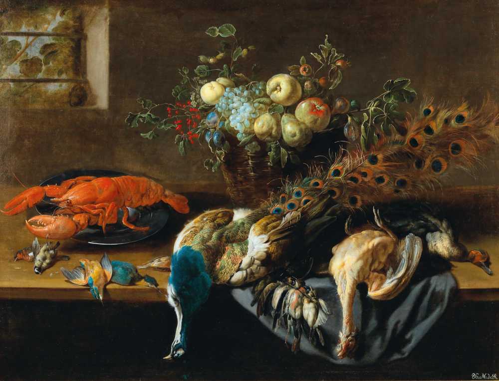 A still life with a peacock, fruit, a lobster and bird - Adriaen van Utrecht