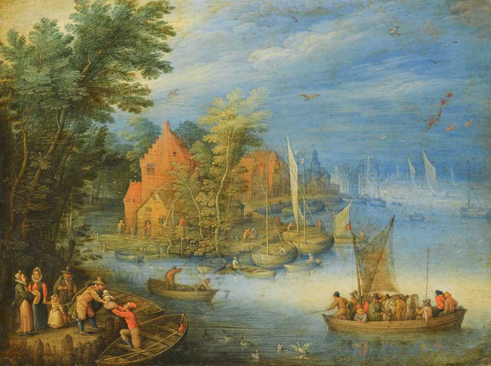 A Town On The Banks Of A Wide River With A Heavily Lad... - Brueghel Jan younger