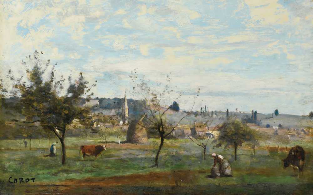 A Village Around Mantes (circa 1860-65) - Jean Baptiste Camille Corot