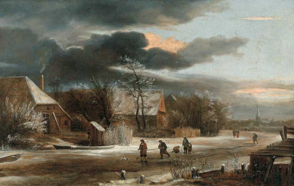 A winter landscape with a village and a frozen canal - Ruisdael