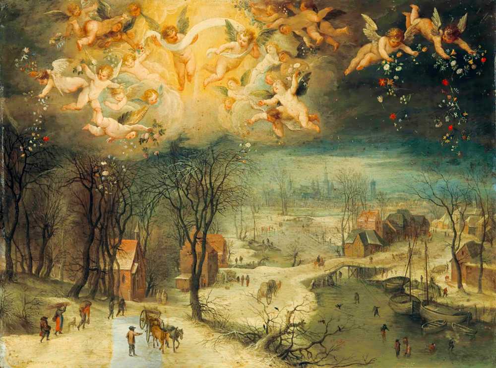 A winter landscape with villagers gathering wood and ska... - Brueghel Jan elder