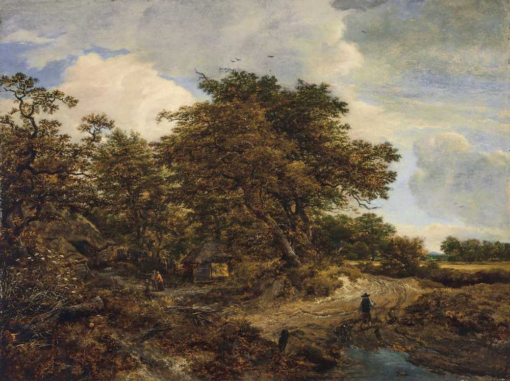 A wooded landscape with cottages and a figure and dogs on a dirt p... - Ruisdael