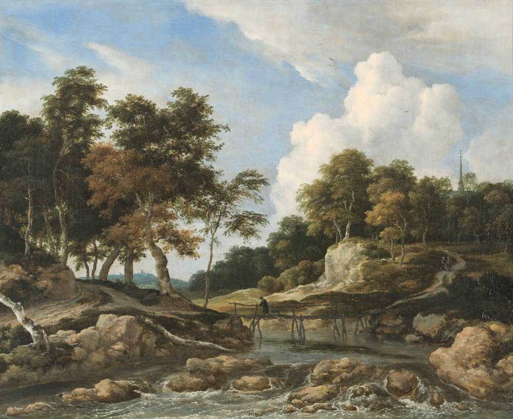 A Wooded River Landscape With A Bridge, A Church Beyond - Ruisdael