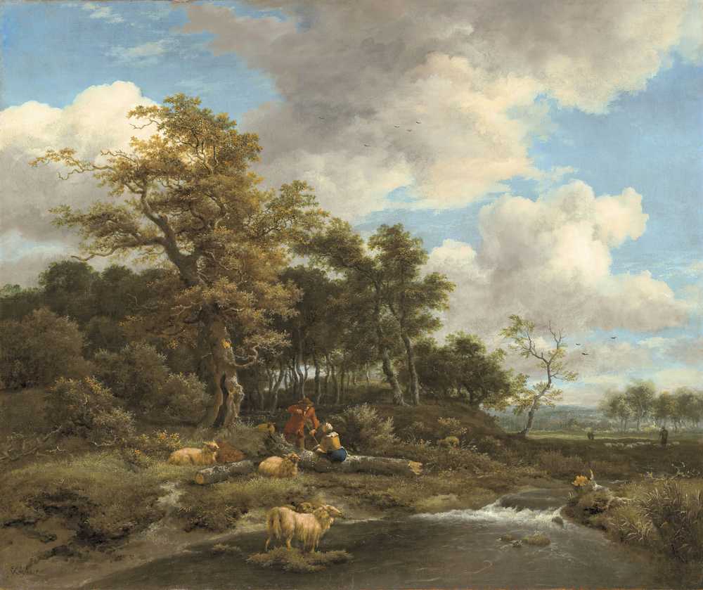 A wooded river landscape with shepherds and their flock - Ruisdael