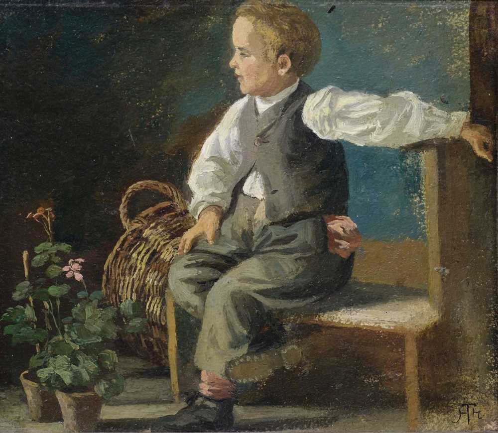 A young boy on a bench with flower pots and a wicker basket (1882) - Hans Thoma