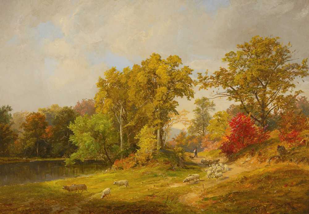 Autumn Landscape With Shepherd, Dog And Sheep - Jasper Francis Cropsey