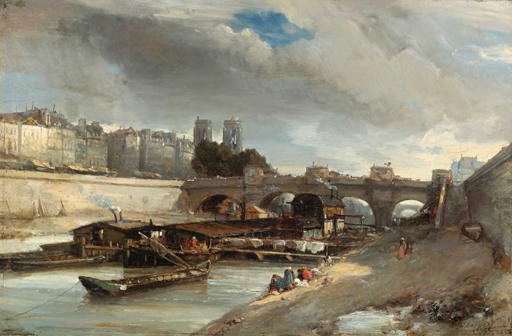 Boat-Lavoir Near The Pont-Neuf, Paris (1850) - Johan Barthold Jongkind