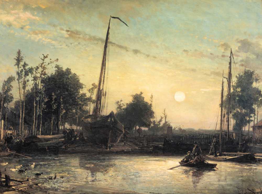 Boat under construction along the canal, Dutch Landscape (1857) - Jongkind