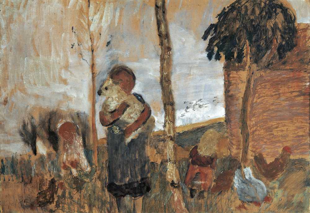 Children and chickens in front of a landscape (circa 1902) - Modersohn-Becker