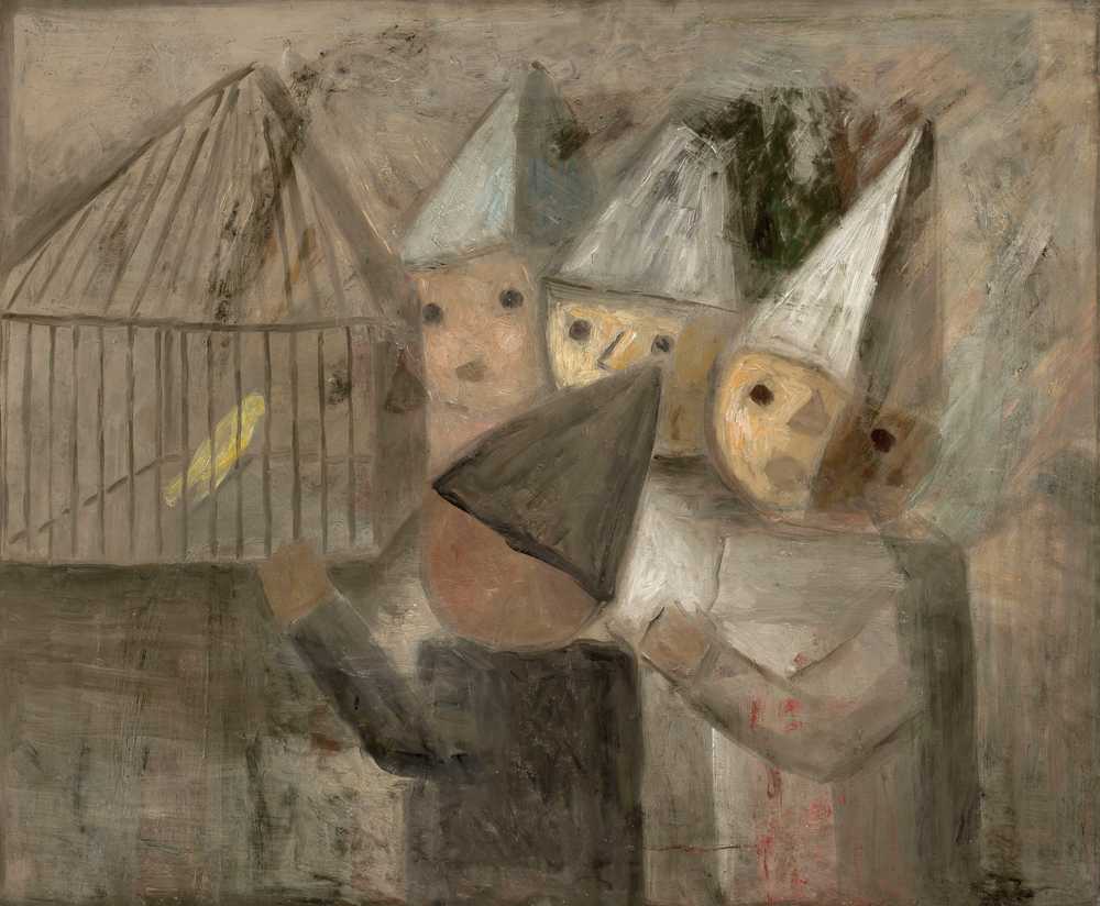 Children in front of a cage with a canary (1929) - Tadeusz Makowski