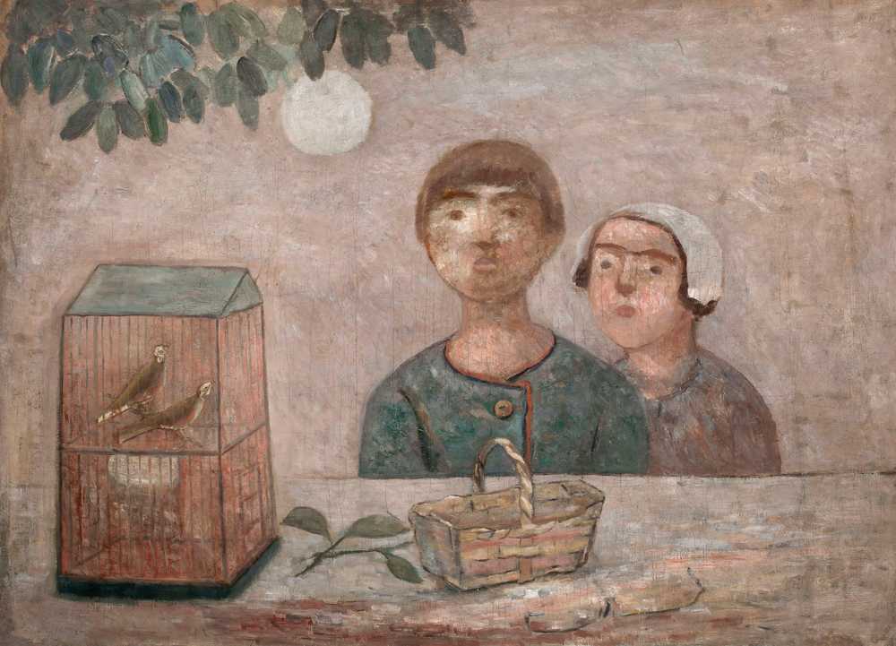 Children in front of a cage with little birds (1922) - Tadeusz Makowski