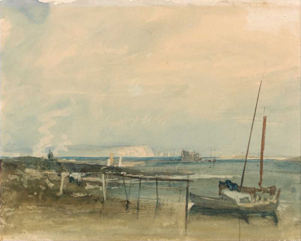 Coast Scene with White Cliffs and Boats on Shore - Turner