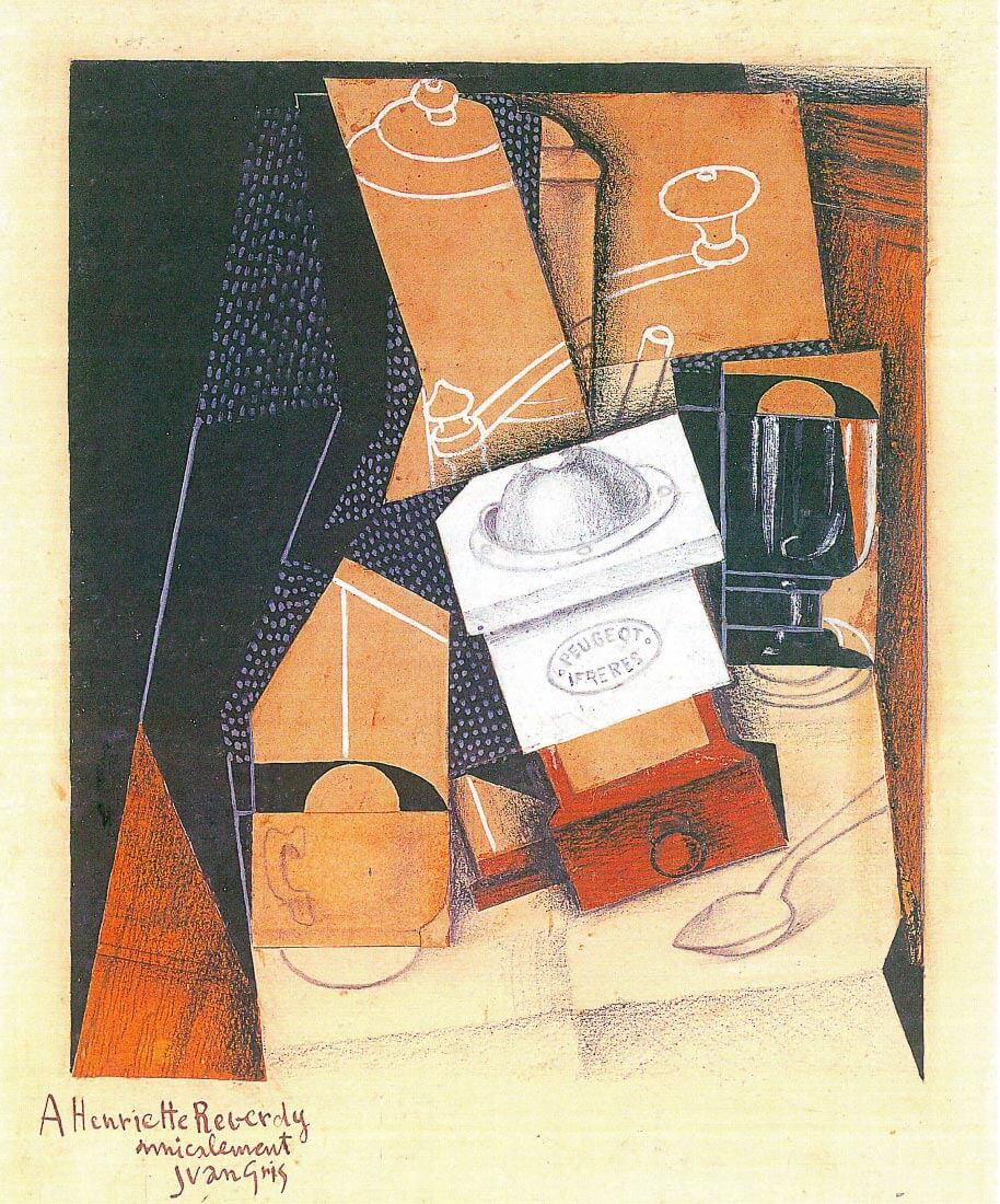 Coffee grinder, cup and glass on a table - Juan Gris