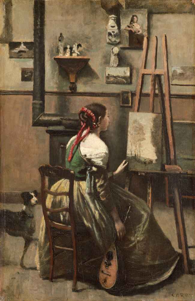 Corots Studio - Woman Seated Before an Easel, a Mandolin in her Hand -