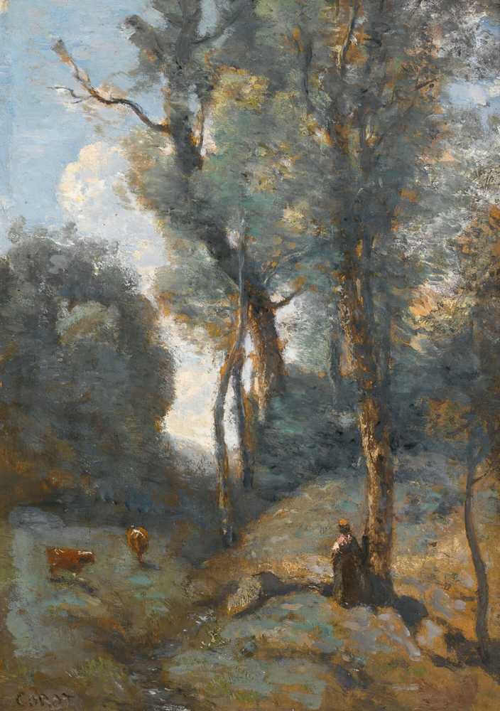 Cowgirl On A Wooded Hillside - Jean Baptiste Camille Corot