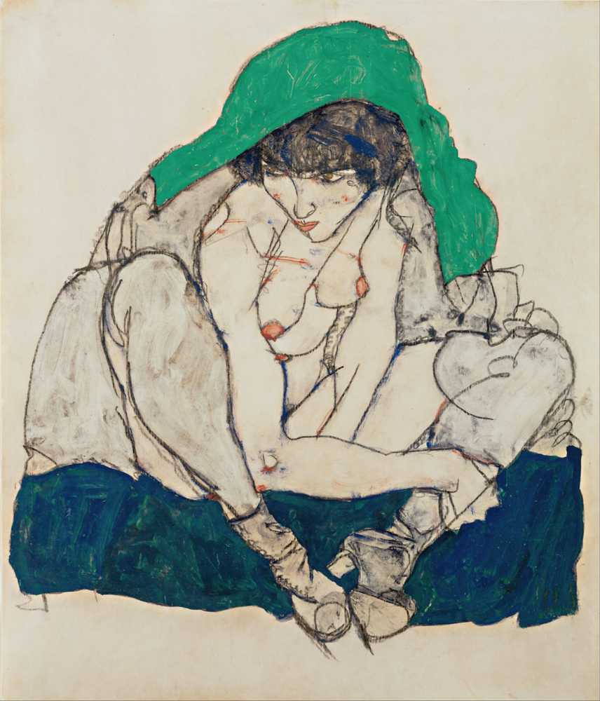 Crouching Woman with Green Headscarf (1914) - Egon Schiele
