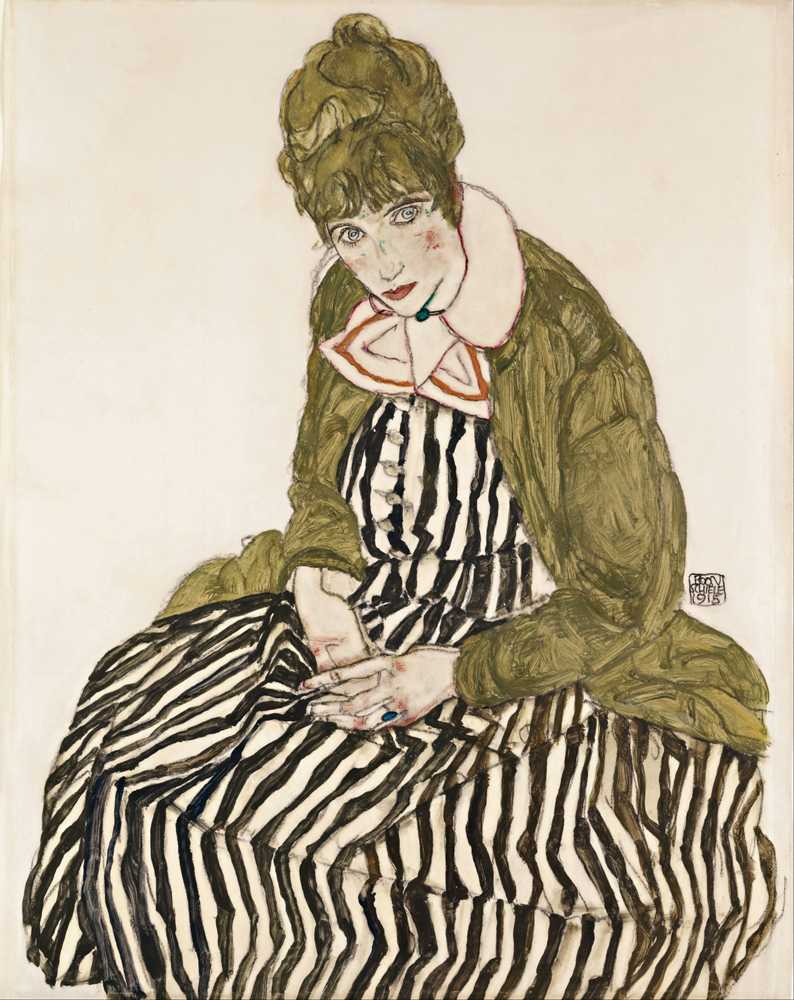 Edith with Striped Dress, Sitting (1915) - Egon Schiele