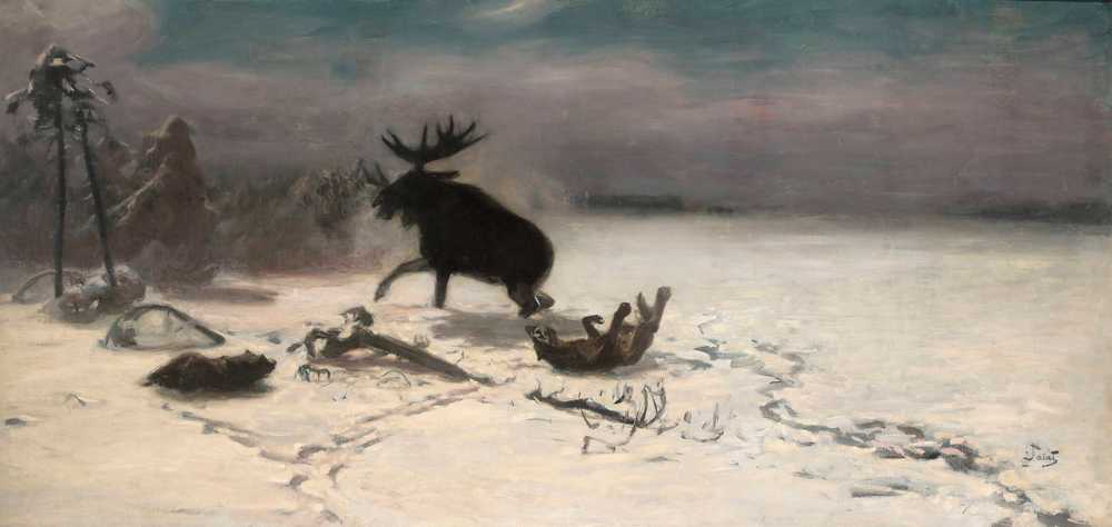 Elk fighting the wolves (1900s) - Julian Fałat
