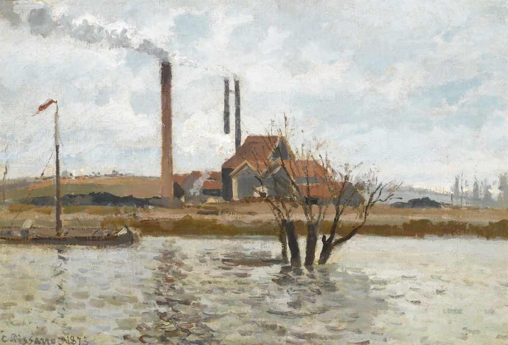 Factory At Saint-Ouen-L'aumone, The Flood Of The Oise (1873) - Pissarro