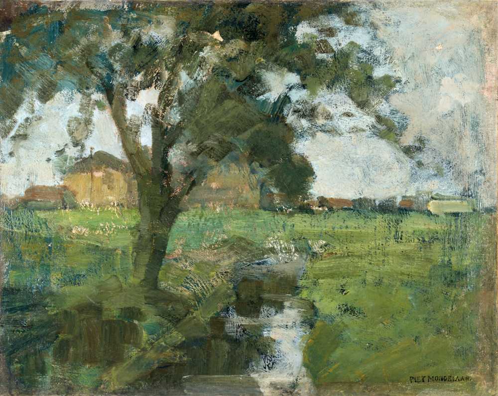 Farm Setting With Foreground Tree And Irrigation Ditch (1900-02) - Mondrian