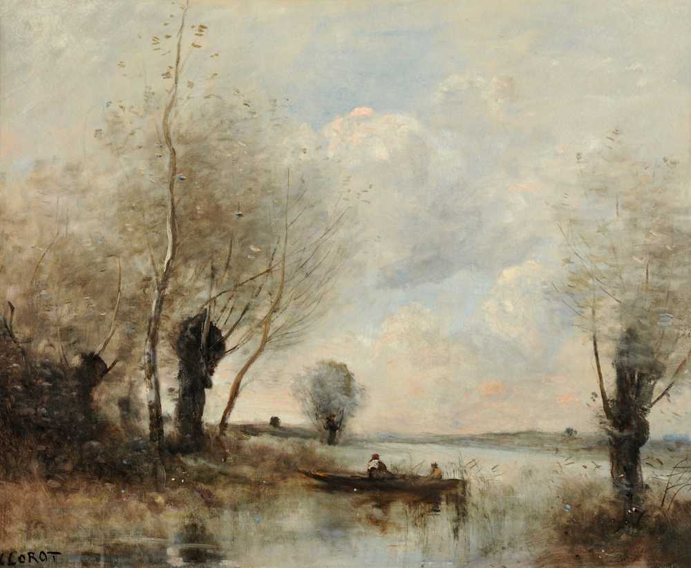 Fishing from a boat near the willows (ca 1870) - Jean Baptiste Camille Corot