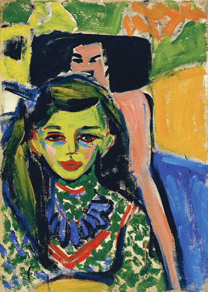 Franzi in front of carved chair (1910) - Ernst Ludwig Kirchner