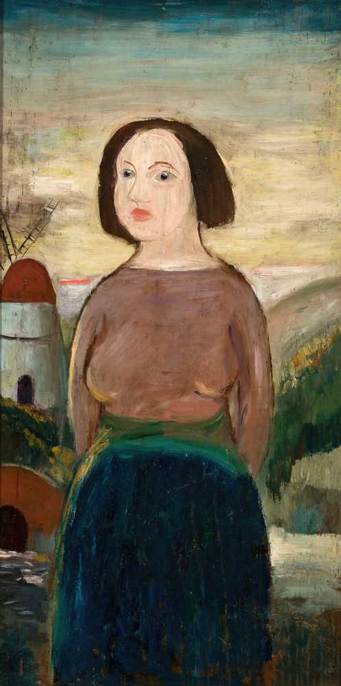 Girl against the background of a landscape with a windmill (1920) - Makowski