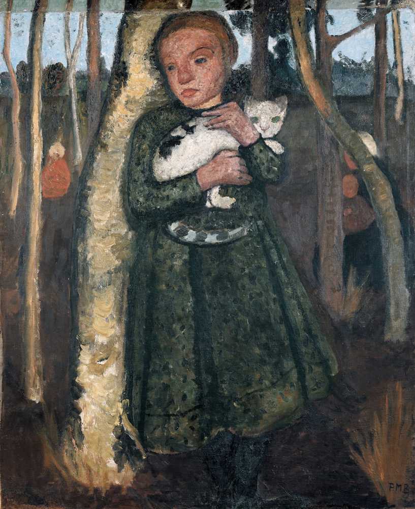 Girl in a birch forest with cat (circa 1904) - Paula Modersohn Becker